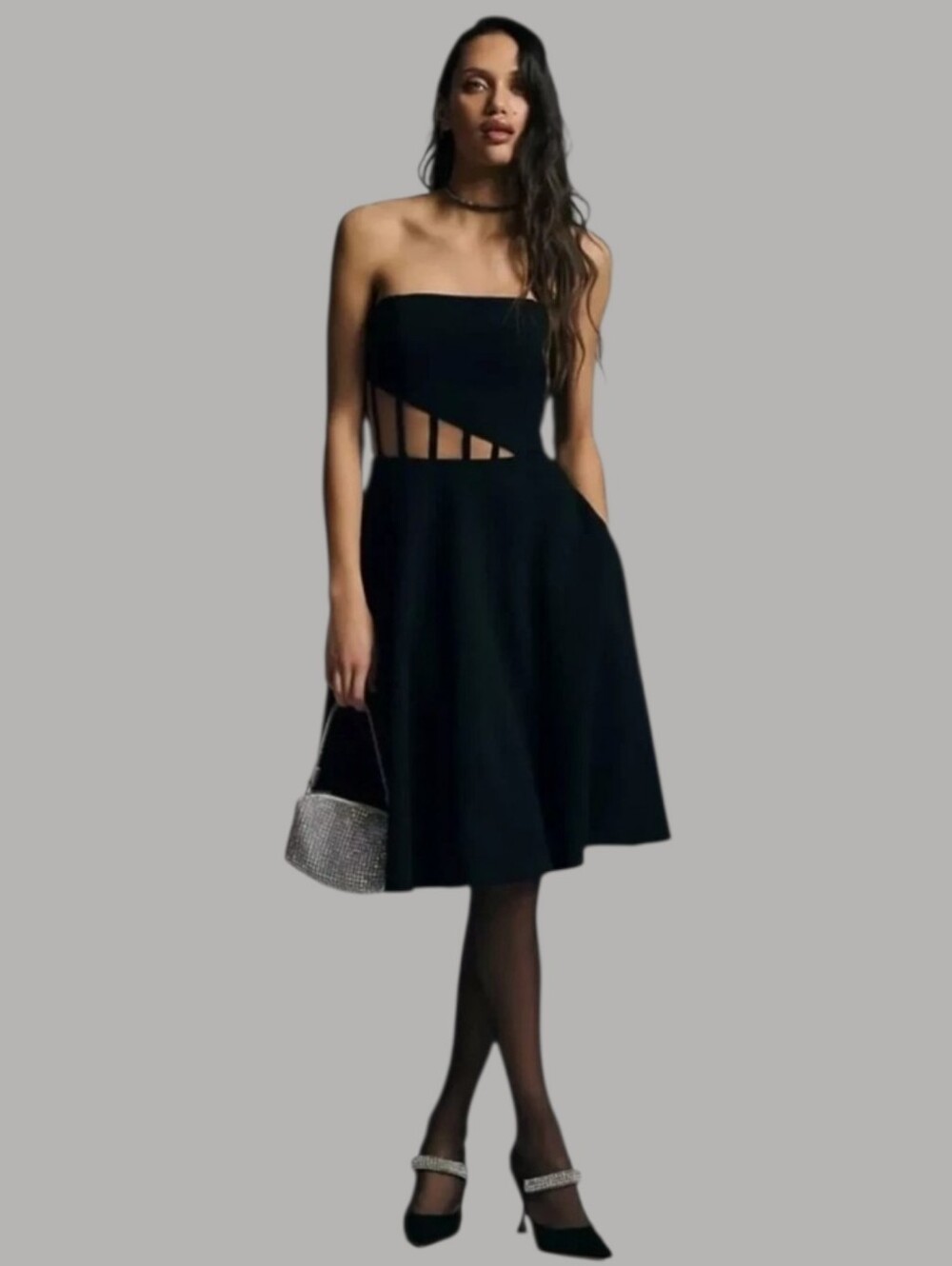 Dress The Population Anneli Illusion Waist Strapless Midi Dress 2XL Black/Tan